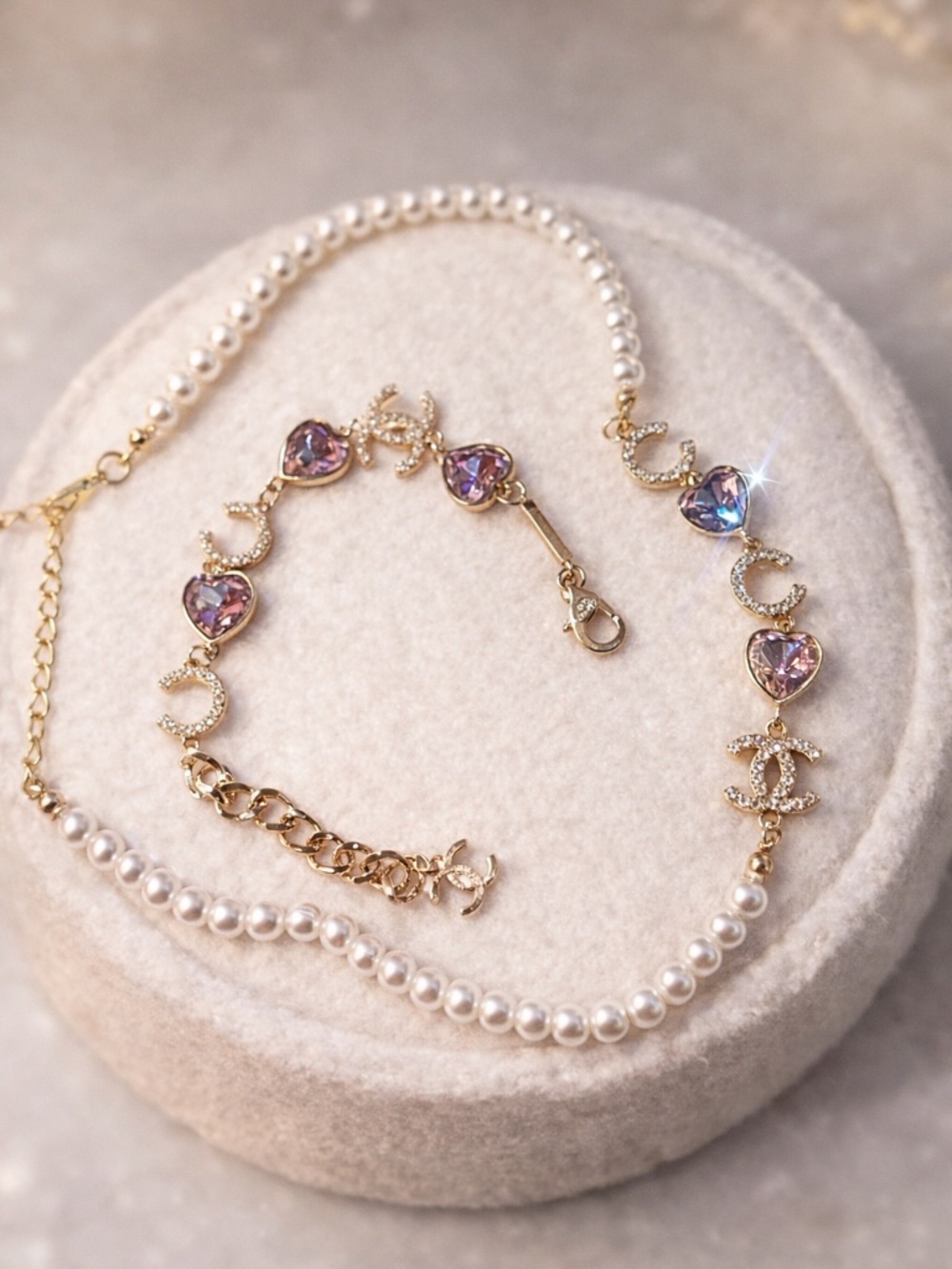CC Pink Heart Crystals Necklace pearl Limited Edition Collection Fall/Winter 23